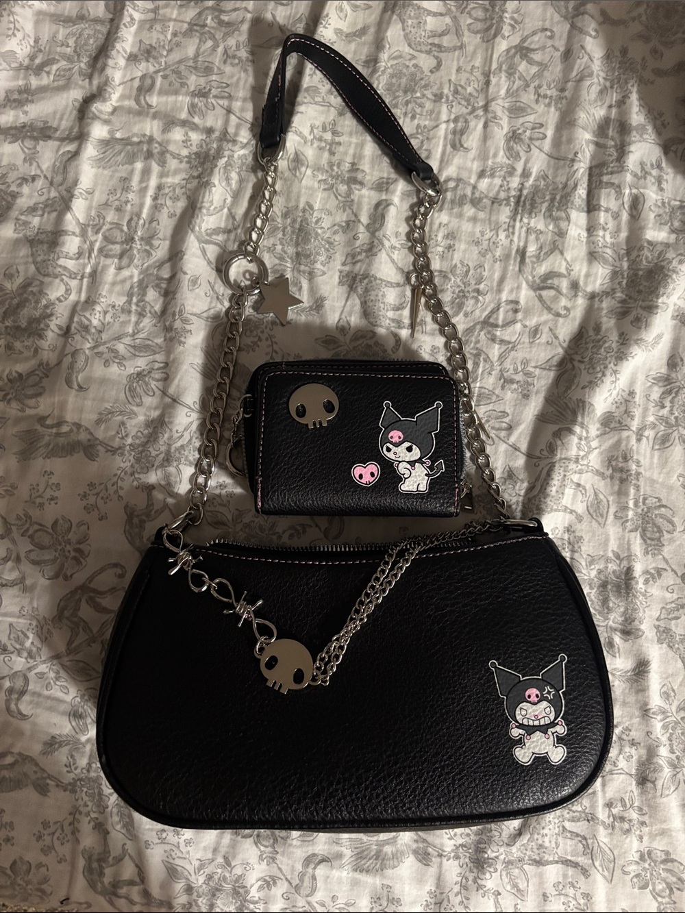 Black Kuromi-Style Shoulder Bag with Chain Accents with wallet
